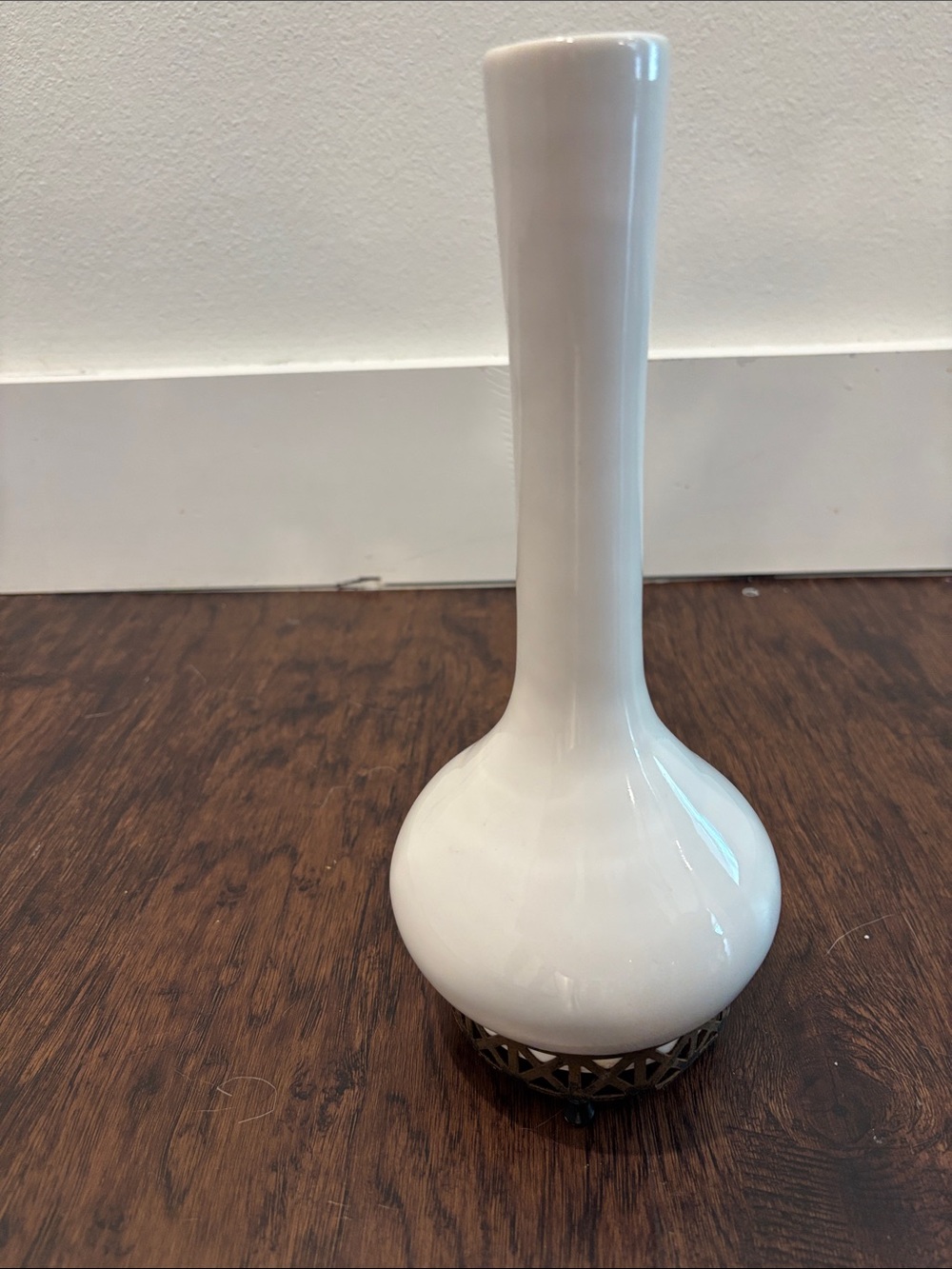 Vintage Gilmer Potteries #624 White Ceramic Gourd Bud Vase with Metal Base